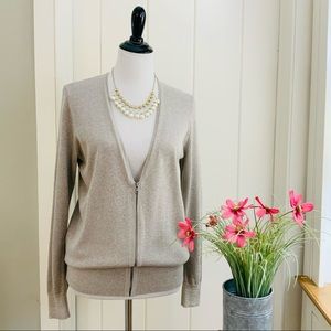LOFT Light Grey Shimmery V-Neck Zipper Cardigan